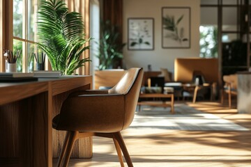 Fototapeta premium Cozy Modern Workspace with Natural Light and Elegant Furniture, Featuring Stylish Desk, Comfortable Chair, and Indoor Plants Enhancing the Aesthetic Atmosphere