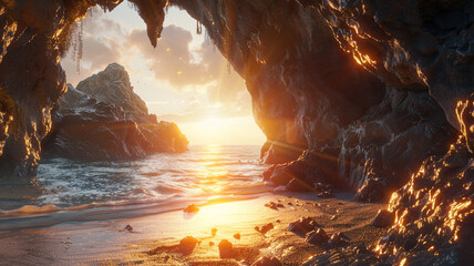 A picturesque coastal cave entrance invites exploration, with sunlight pouring in and highlighting the rugged textures of the rocks.