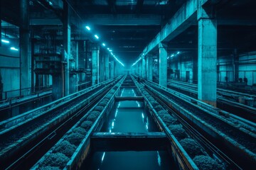 Fototapeta premium Dimly Lit Industrial Interior with Water Channeling Systems and Reflections in Urban Environment, Creating Atmosphere of Mystery and Abandonment