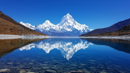 Naklejka premium Crystal clear mountain lake, towering snow-capped peaks reflected perfectly, serene morning mist, untouched natural beauty