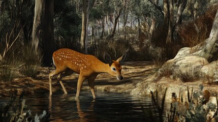 Young Deer Drinking Water in Lush Green Forest Setting