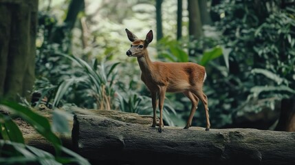 Juvenile Deer Standing on Log Amidst Lush Green Forest Landscape