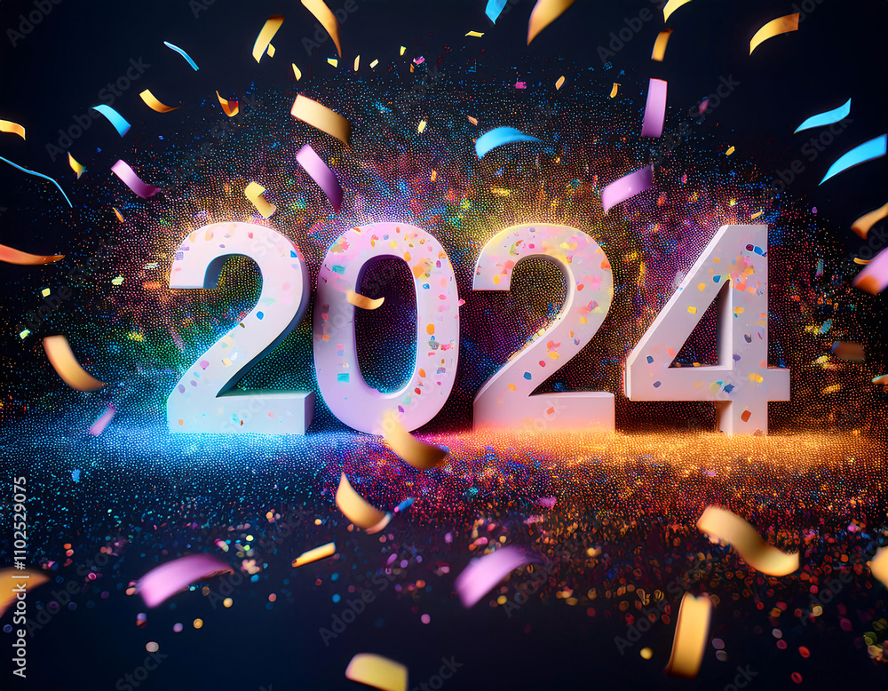 Poster colorful 2024 text with vibrant splashes and confetti on a dark background
