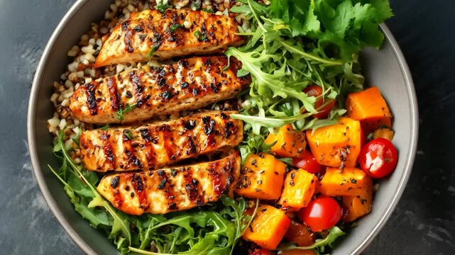 Chicken breast fillet and buckwheat bowl grilled butternut squash and fresh vegetable salad with arugula and tomatoes healthy food lunch menu top view 4K Video