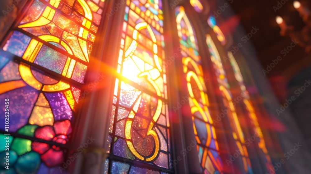 Poster a beautiful stained glass window with intricate patterns and vibrant colors, illuminated by sunlight