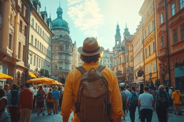 Man walking down a crowded street with a backpack