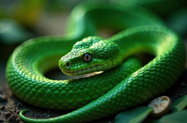 Fototapeta premium A close-up of a vibrant green snake coiled gracefully on a natural surface with textured scales gleaming under soft light, surrounded by leaves and earthy tones, exuding a serene yet captivating aura