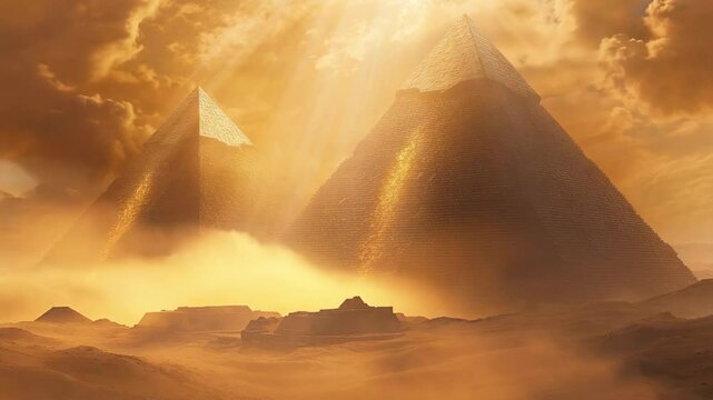 majestic egyptian pyramids rising from golden desert sands created with hyperrealistic aigenerated ry ethereal light and atmospheric effects add a touch of mystery and wonder 4K Video
