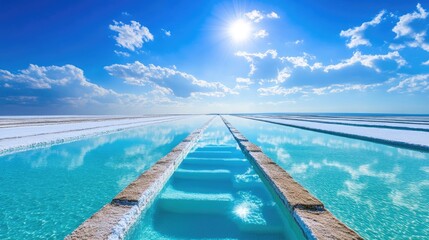 Stunning Landscape of Salt Flats with Clear Water under Bright Sky