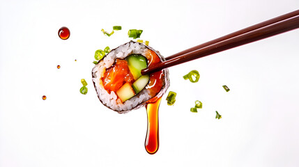Colored illustration of delicious sushi and rolls set with chopsticks in motion on white background. Cafe logo, signboard, asian cuisine, menu page, ad banner design