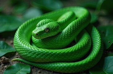 Obraz premium A vivid green snake coiled elegantly among fresh leaves, showcasing its textured scales and piercing eyes, captured in a serene natural environment with soft, natural lighting