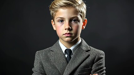 Young boy in formal attire poses confidently against a dark background