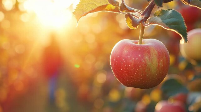 A ripe apple hangs from a tree branch in an orchard, bathed in warm sunlight. In the blurred background, a person walks through the rows of apple trees, evoking a peaceful autumn 4K Video