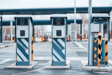 Modern Automated Toll Booths at a Highway Entrance with Clear Skies and Minimal Traffic Flow