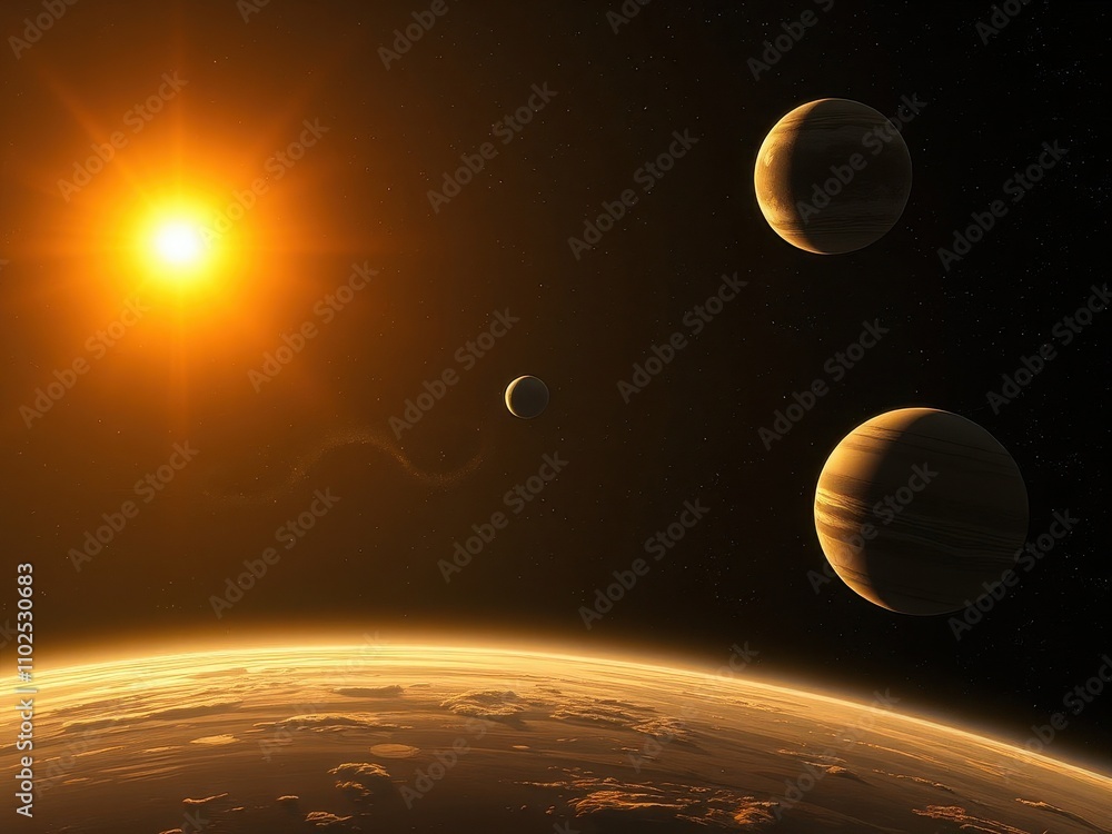 Wall mural a stunning image of a distant star and its planetary system, space travel, star, cosmic, background,