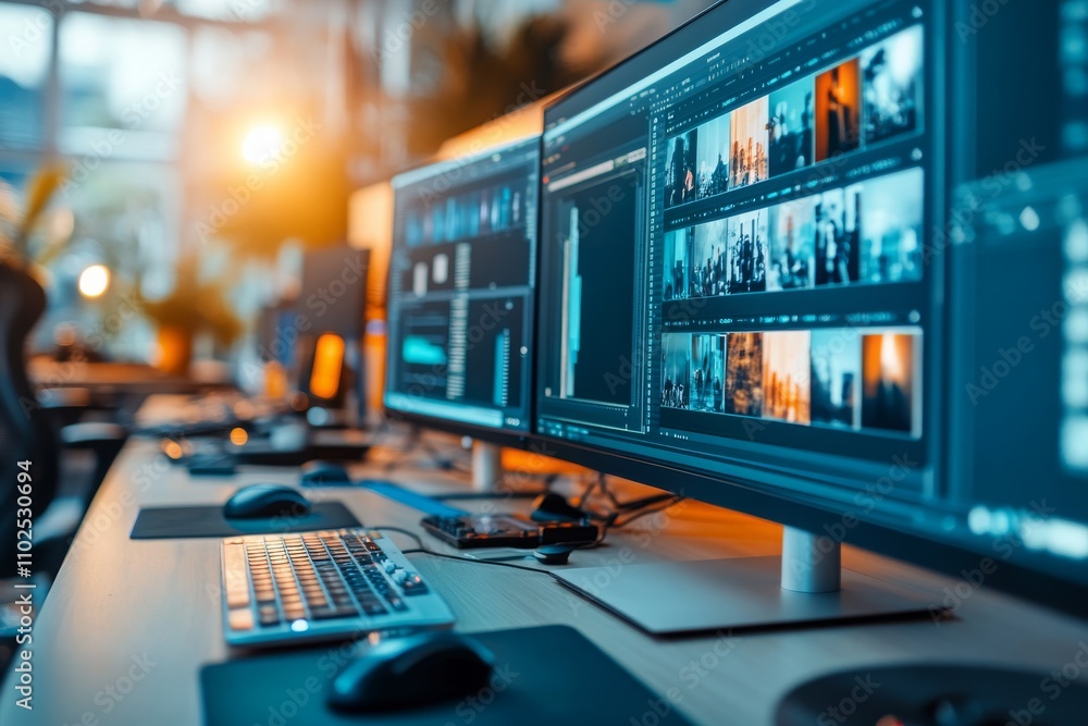 Poster modern creative workspace with dual monitors displaying photo editing software enhancing digital pro