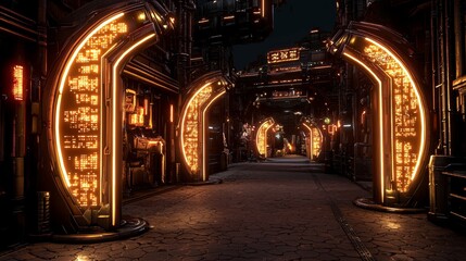 Fototapeta premium Cyberpunk cityscape, neon-lit alleys with interactive signs