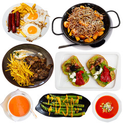 Set of typical and popular spanish dishes isolated on white background