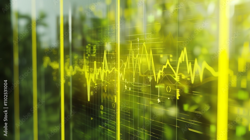 Poster abstract data visualization featuring yellow and green glowing lines in a digital interface, ideal f