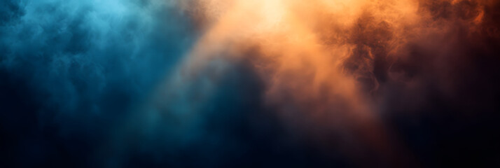 Colorful smoke swirling in blue and orange hues with dramatic lighting effects