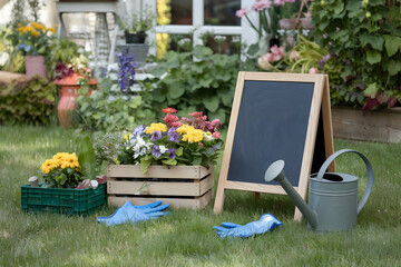 Garden Chalkboard Chalkboard amidst flowers, gloves, and watering can suggests calm gardening activities