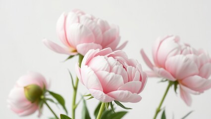 Fototapeta premium Freshly picked pink peonies with lush green stems and delicate white petals set against a clean and minimalist copy space background , pink flowers, minimalist style., spring florals