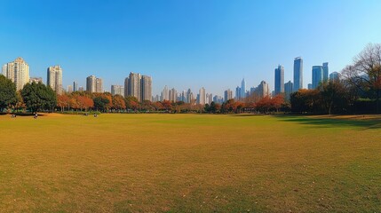 Obraz premium Urban Park View with Skyscrapers Against Clear Blue Sky
