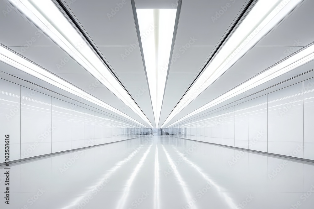 Poster modern minimalist corridor with bright led lighting and glossy white surfaces creating an infinite p