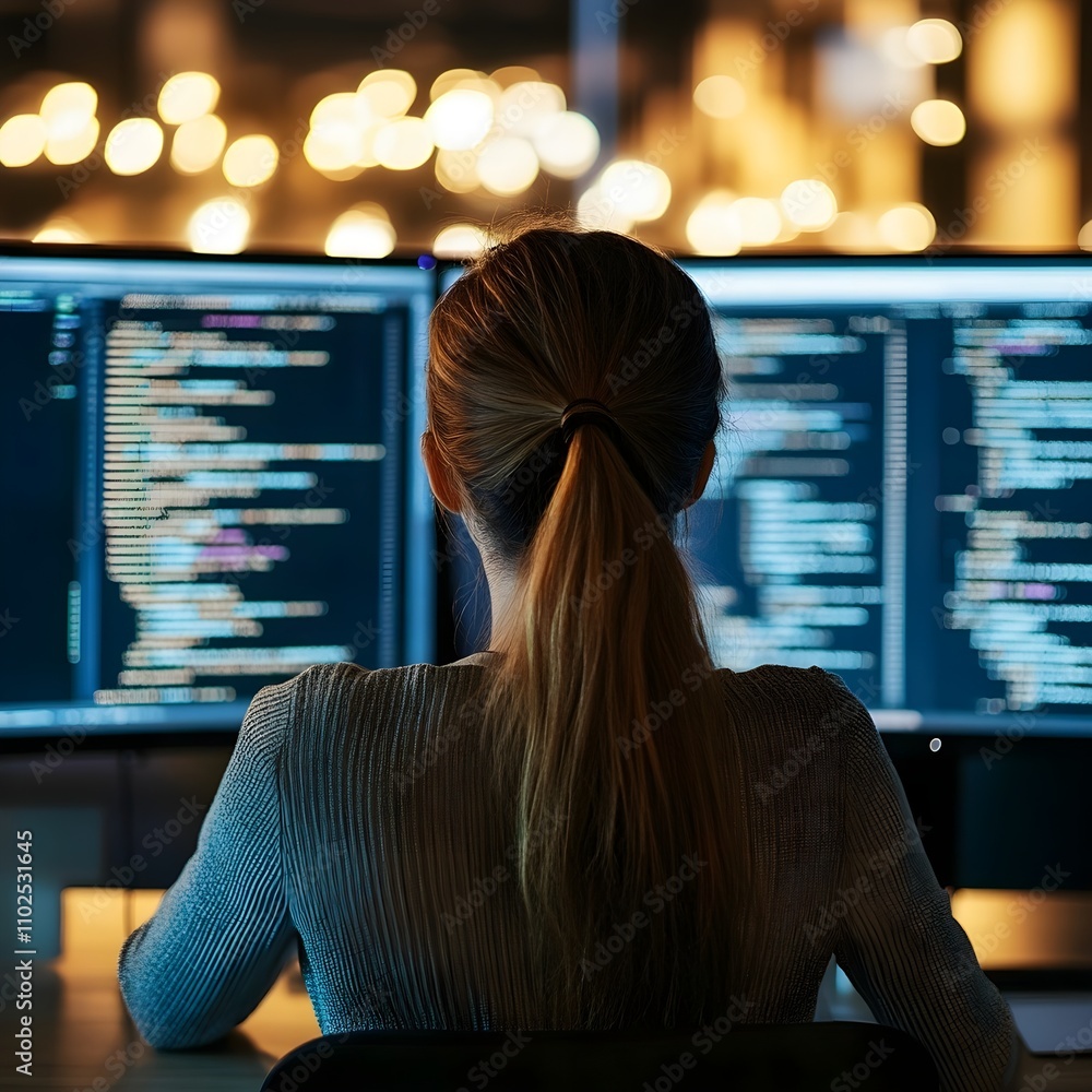 Wall mural rear view of young female programmer sitting at her workplace in front of monitors and working with 