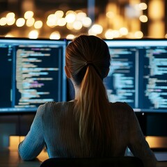 Rear view of young female programmer sitting at her workplace in front of monitors and working with program codes