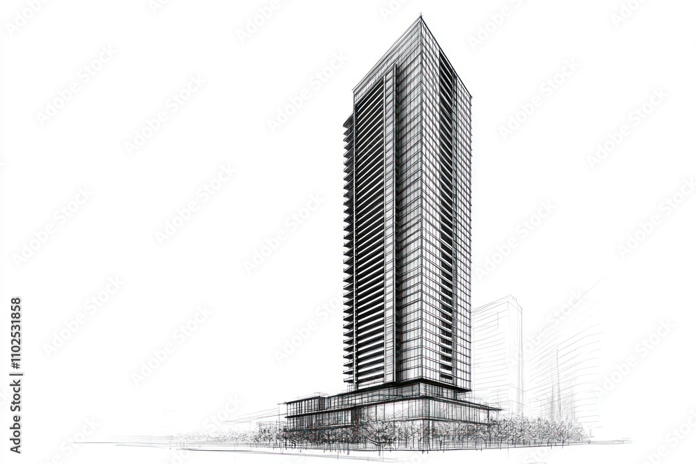 Poster a conceptual architectural rendering of a tall building with a modern design.