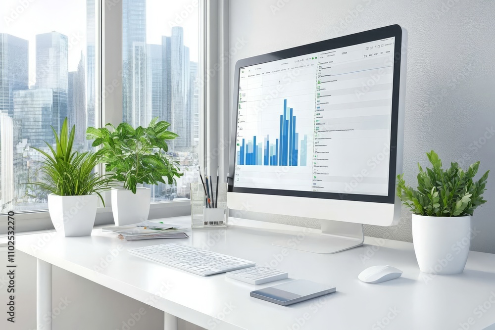 Poster modern office workspace with computer displaying charts and graphs surrounded by green plants and ci