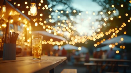 Obraz premium Rustic food truck setting, cozy seating area with lights, evening crowd enjoying food