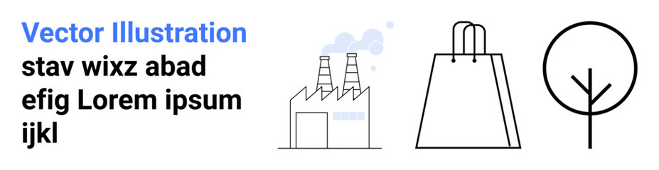 Factory with smokestacks, minimalist shopping bag, and outline of a tree. Ideal for industrial, environmental, consumerism, sustainability, product packaging, eco-friendly campaigns landing page