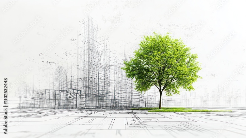 Aufkleber drawing 3d architecture city building sketch lines with green tree on white background