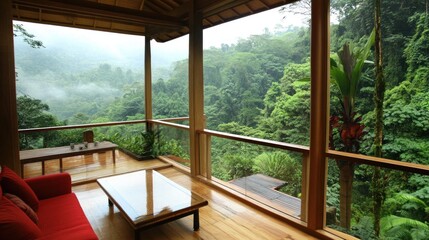 A serene view from a wooden cabin overlooking a lush green forest.