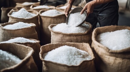Worker Handling White Crystals in Sacks at Manufacturing Facility