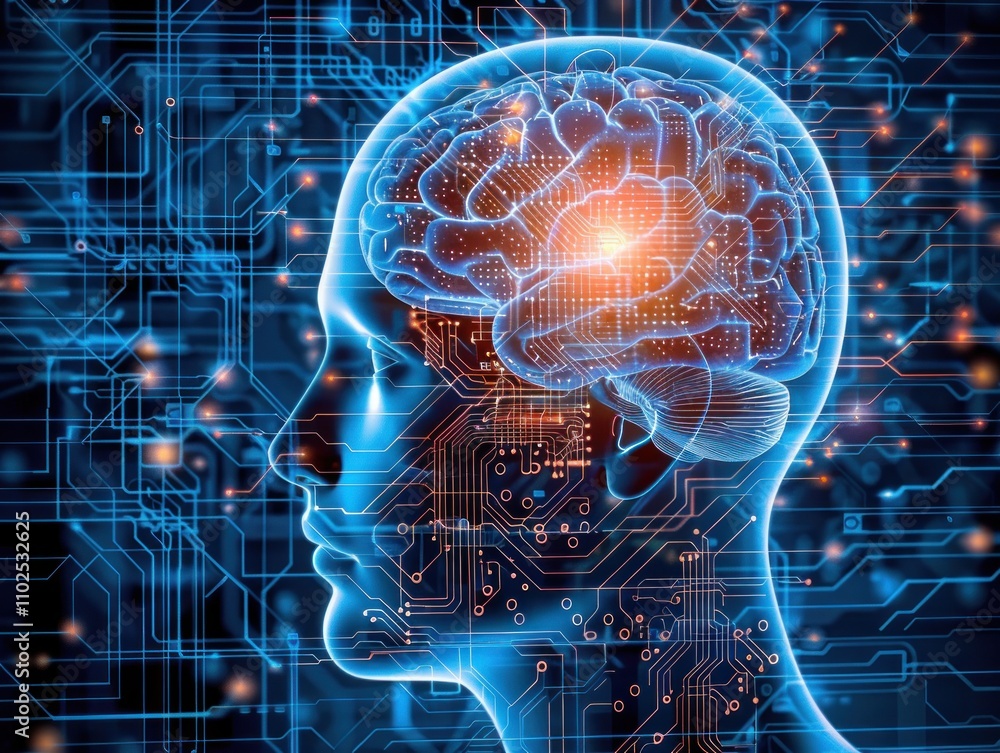 Poster a digital representation of a human brain with circuitry, symbolizing technology and intelligence.