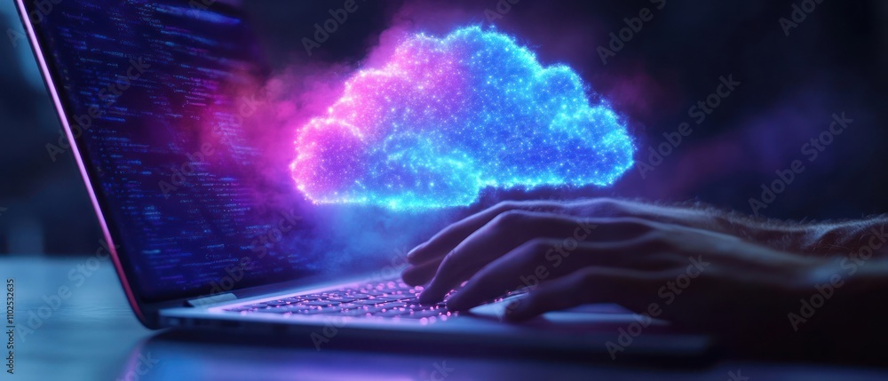 Poster hand typing on laptop with abstract connection cloud computing data transfer