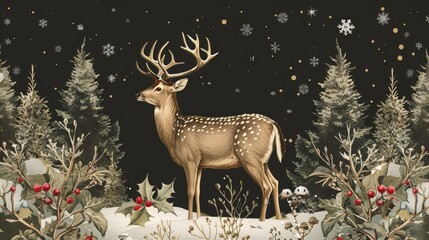 an elegant deer adorned with holly and mistletoe