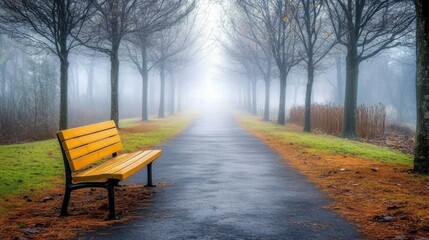 Serene Foggy Pathway with Yellow Bench Surrounded by Trees