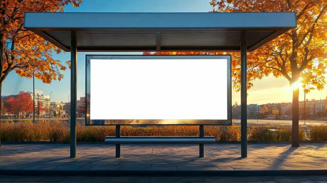 bus shelter at busstop blank white lightbox empty billboard bus shelter ad glass and aluminum structure transit station urban setting city street background stone sidewalk base for mockup 4K Video