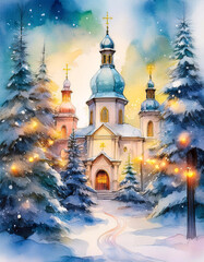 A picturesque winter scene with a snow-covered church nestled among tall pine trees