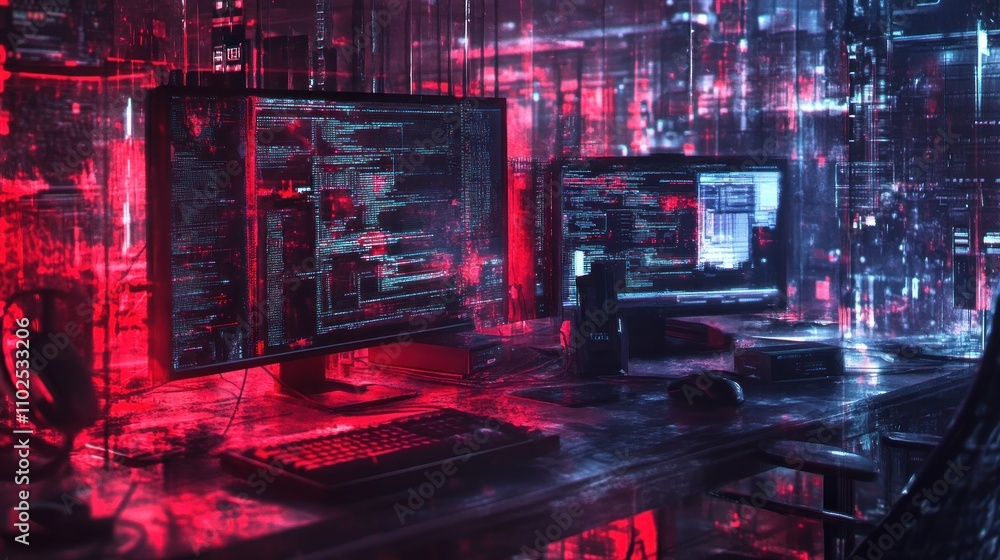 Poster a digital workspace with glowing screens displaying code and data in a futuristic setting.