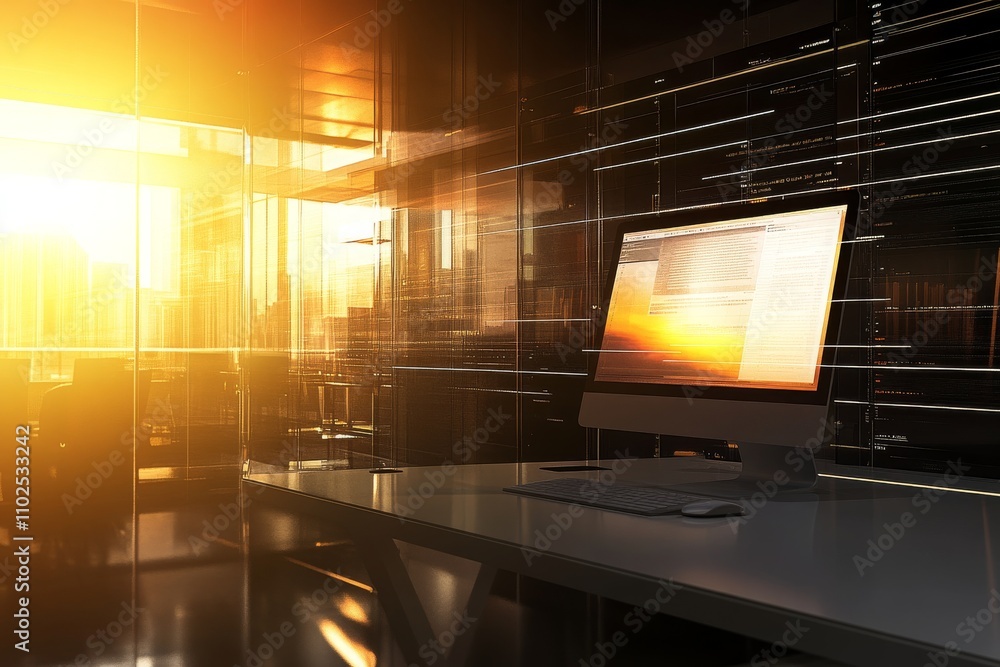 Aufkleber modern workspace with computer displaying digital trends and warm sunset light, capturing innovation