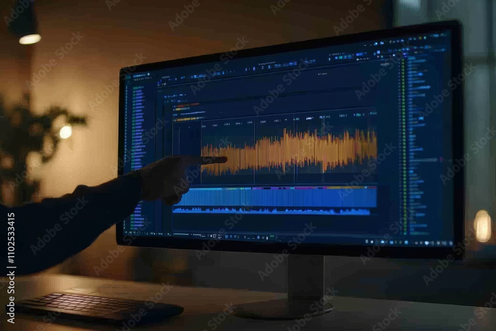 Poster person analyzing audio waveform on high-resolution monitor in modern workspace with warm lighting an