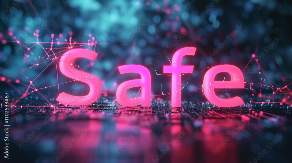 Poster glowing pink neon safe sign placed in front of a dynamic tech network. the image evokes themes of cy