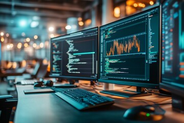 Modern Workspace with Multiple Monitors Displaying Data Analysis and Coding in a Tech Environment, Illuminated by Soft Ambient Lighting