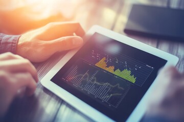 Professional Analysis of Business Data on Digital Tablet Displaying Colorful Graphs and Charts in Office Environment with Natural Light