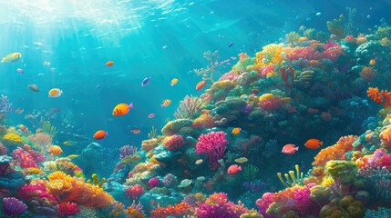 Obraz premium Vibrant Underwater Scene with Colorful Corals and Swimming Fish